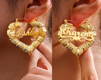 Custom Name Heart Hoop Earrings: 18K Gold Bamboo Style