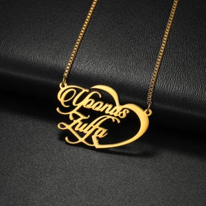 Custom Double Name Heart Necklace/Personalized Gold Name Necklace with Heart/Couples Necklace/Christmas Gift/Ideal Gift for Moms & Couples