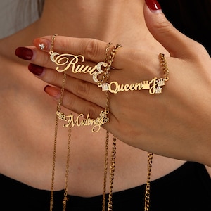 Colar com nome brilhante feito à mão/colar com coroa de diamante/joias de cristal personalizadas/formato de lua de zircônia/colares com nome de ouro/presente exclusivo para mulheres