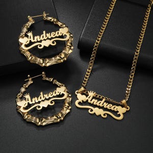 Custom Name Bamboo Hoop Earrings and Necklace Set