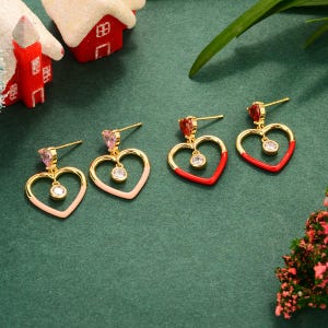 CZ Heart Earrings for Christmas/Festive Red Heart Zircon Earrings/Christmas New Year Jewelry/Holiday CZ Heart Earring/Christmas Jewelry Gift