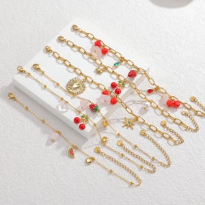 Fruit Themed Bracelet/Strawberry Fruit Bracelet/18K Gold Cherry Bracelet/Stainless Steel Handmade Jewelry/Beads Chain Bracelet/Gift for Her