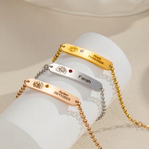 Custom Birth Flower Name Bracelet: Personalized Birthstone Bar
