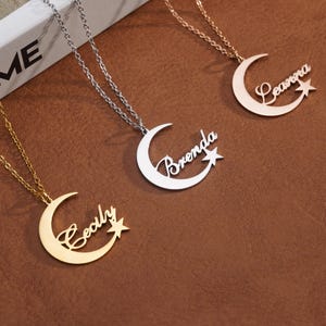 Collar con nombre celestial/Colgante personalizado de luna y estrella/Collar de luna creciente personalizado/Collar de estrella delicada/Joyería minimalista de luna para ella