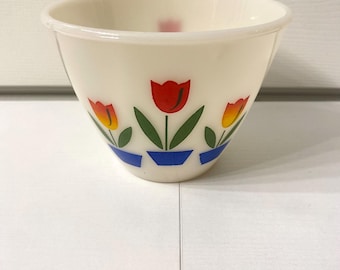 Vintage Fire King Small Tulip Mixing Bowl 5.5"x4" White Milk Glass Red Orange Flowers Blue Pots Green Leaves Classic Cottagecore 1950s MCM