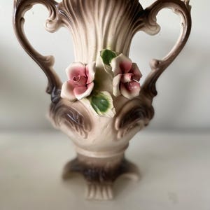 Capodimonte, Made in Italy, Large Vase, Double Handle, Urn, Brown with Pink Flowers