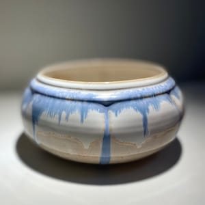 May include: A white ceramic bowl with a blue glaze. The glaze has a drip effect, creating a unique and artistic look.