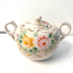 Vintage Porcelain Sugar Bowl with Lid Pink and Yellow Flowers with White Raised Texture and Green and Silver Accents Double Loop Handles