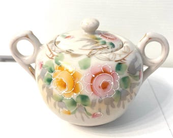 Vintage Porcelain Sugar Bowl with Lid Pink and Yellow Flowers with White Raised Texture and Green and Silver Accents Double Loop Handles
