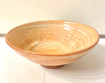 Vintage Japanese Matcha Tea Bowl: Peach Cream Swirls, Red Clay Footed Pottery