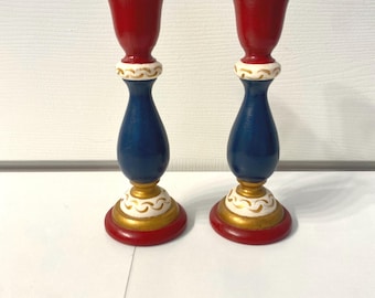 Vintage Americana Candle Holders Wooden Handmade Handpainted Folk Art Red and Blue with Gold and White Accents Set of Two