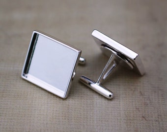 Sterling Silver Cuff Link Blanks with Square 16mm Bezel Cup - Men's Accessories- Cuff Link Findings - .925 premium quality