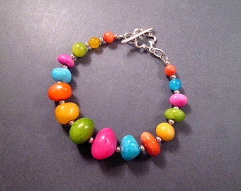 Gemstone Bracelet, Dyed Jade and Silver Flower Toggle, Rainbow Beaded Bracelet, FREE Shipping