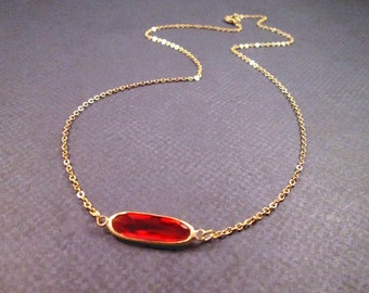 Bezel Pendant Necklace, Red Faceted Glass Stone, Gold Chain Necklace, FREE Shipping