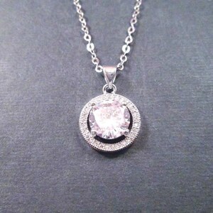 Cubic Zirconia Necklace, White Crystal Pendant, Silver Chain Necklace, FREE Shipping