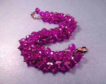 Copper Cha Cha Bracelet, Violet Purple Glass Beaded Charm Bracelet, FREE Shipping