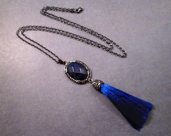 Blue Tassel Pendant Necklace, Lapis Lazuli Gemstone and Rayon Tassel, Gunmetal Silver Chain Necklace, FREE Shipping