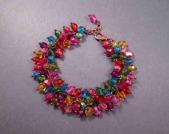 Cha Cha Bracelet, Rainbow Charm Bracelet, Czech Glass Beaded, Copper Chain Bracelet, FREE Shipping