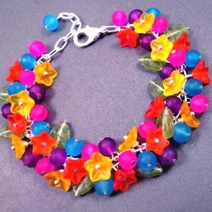 Flower Charm Bracelet, Frosty Rainbow Bouquet, Colorful and Silver Charm Bracelet, FREE Shipping