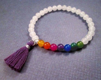 SALE - Tassel Bracelet, Jade Gemstone Beaded Bracelet, Rainbow Stretch Bracelet, Silver Stacking Bracelet, FREE Shipping