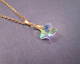 Crystal Star Necklace, Vitrail White Glass Star Pendant, Gold Chain Necklace, FREE Shipping