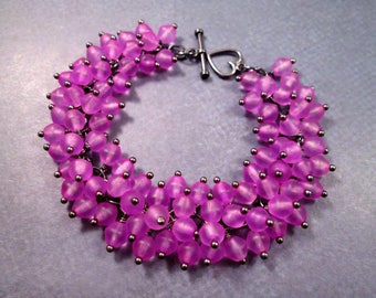 Gunmetal Silver Charm Bracelet, Violet Glass Beaded Bracelet, Wire Wrapped Cha Cha Style Bracelet, FREE Shipping