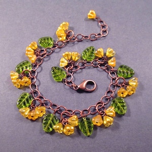 Copper Charm Bracelet, Flower Beaded Bracelet, Yellow Bells and Green Leaves, Glass Beaded Bracelet, FREE Shipping image 1