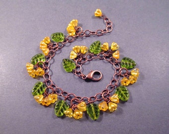 Copper Charm Bracelet, Flower Beaded Bracelet, Yellow Bells and Green Leaves, Glass Beaded Bracelet, FREE Shipping