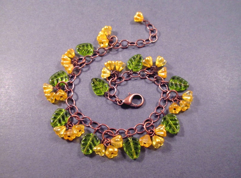 Copper Charm Bracelet, Flower Beaded Bracelet, Yellow Bells and Green Leaves, Glass Beaded Bracelet, FREE Shipping image 1