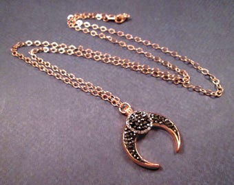 Double Horn or Tooth Necklace, Black ad White Rhinestone Pave Pendant, Rose Gold Chain Necklace, FREE Shipping