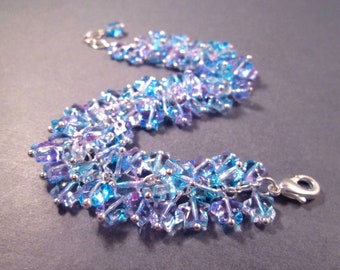 Star Cha Cha Bracelet, Blue and Purple Glass Beaded, Silver Charm Bracelet, FREE Shipping
