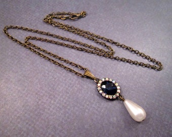 Vintage Glass Pearl Drop Necklace, Blue and White Rhinestone Pendant, Brass Chain Necklace, FREE Shipping