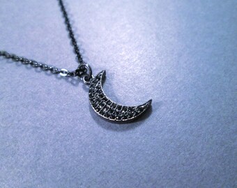 Crescent Moon Pendant Necklace, Cubic Zirconia Pave Necklace, Gunmetal Black Chain Necklace, FREE Shipping