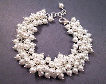 Cha Cha Style Bracelet, White Glass Pearl Beaded Bracelet, Silver Chain Link Bracelet, FREE Shipping