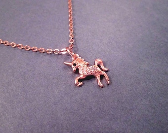 Unicorn Necklace, White Pave Stone Pendant, Rose Gold Chain Necklace, FREE Shipping