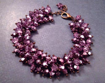 Purple Cha Cha Bracelet, Violet Mirrored Glass Beaded Bracelet, Copper Charm Bracelet, FREE Shipping