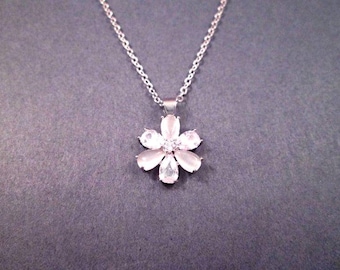 Cubic Zirconia Necklace, White CZ and Moonstone Flower Pendant, Silver Chain Necklace, FREE Shipping