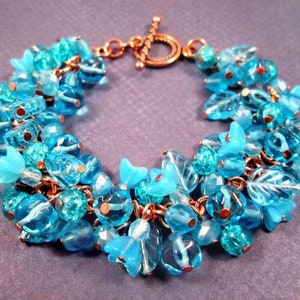 SALE Flower Charm Bracelet, Aqua Blue Bouquet, Rose Gold Tone, Copper Beaded Bracelet, FREE Shipping image 1