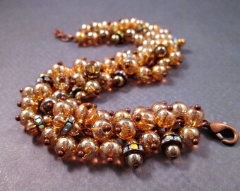 SALE - Cha Cha Bracelet, Champagne Bubbles, Wire Wrapped Glass Rhinestones, Copper Beaded Bracelet, FREE Shipping