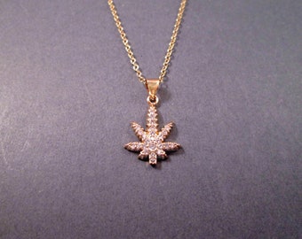 Marijuana Pendant Necklace, Cannabis Leaf, White Cubic Zirconia Pave, Gold Chain Necklace, FREE Shipping