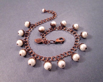 Pearl Bracelet, Mighty Oak in Waiting, Pearl Acorn and Copper Charm Bracelet, FREE Shipping