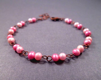 Freshwater Pearl Bracelet, Pink Pearl Beaded, Copper Chain Bracelet, FREE Shipping