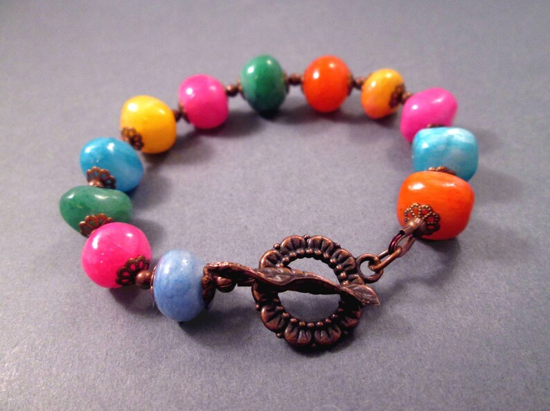 Chunky Gemstone Bracelet, Dyed Jade Nuggets, Colorful and Copper Beaded Bracelet, FREE Shipping image 4