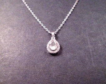 Cubic Zirconia Necklace, White Crystal Drop Pendant, Silver Chain Necklace, FREE Shipping