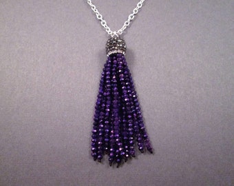 Tassel Necklace, Purple Crystal Beaded, Pave Pendant Necklace, Silver Chain Necklace, FREE Shipping