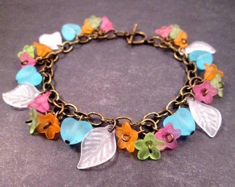 SALE - Flower Charm Bracelet, Rainbow Blossoms and Hearts, Brass Beaded Bracelet, FREE Shipping