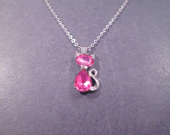CAT Necklace, Pink and White Stone Pendant, Silver Chain Necklace, FREE Shipping