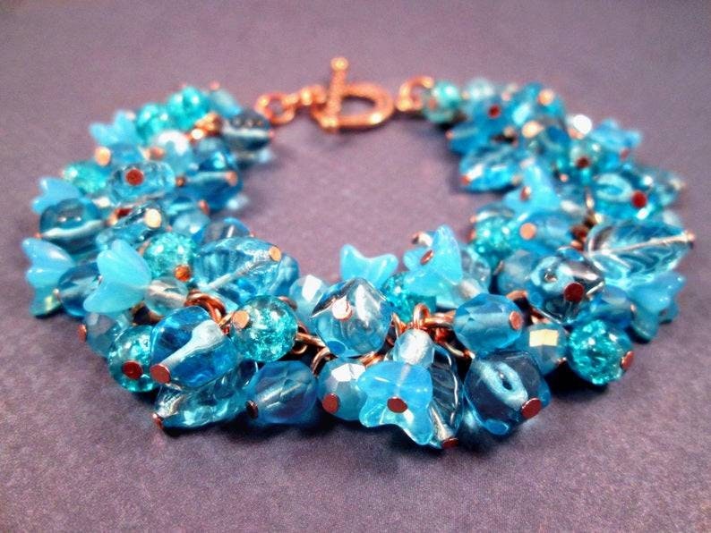 SALE Flower Charm Bracelet, Aqua Blue Bouquet, Rose Gold Tone, Copper Beaded Bracelet, FREE Shipping image 3