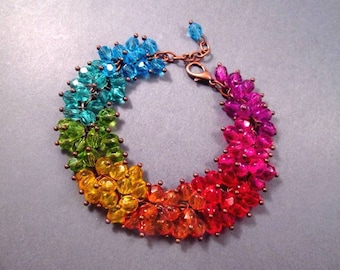 Rainbow Glass Beaded Cha Cha Bracelet, Copper Charm Bracelet, FREE Shipping