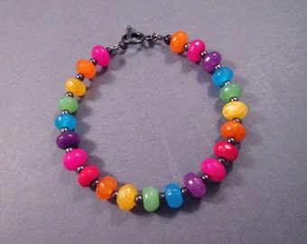 Gemstone Bracelet, Rainbow Dyed Jade Stone Bracelet, Gunmetal Silver Beaded Bracelet, FREE Shipping